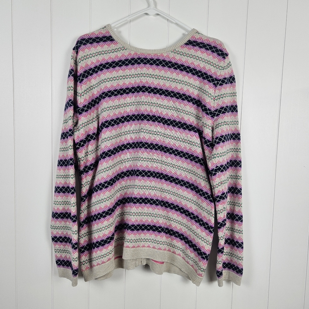XL Talbots Nordic Sweater Full Zipper Back Tan Pink Blue Round Neck